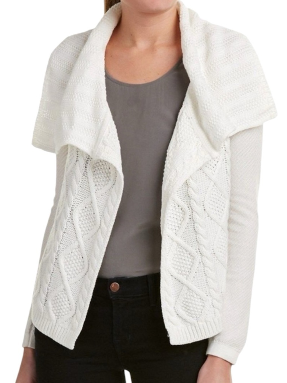 CAbi White Cable Knit Open Front Sweater Size Medium 100% cotton shawl collar